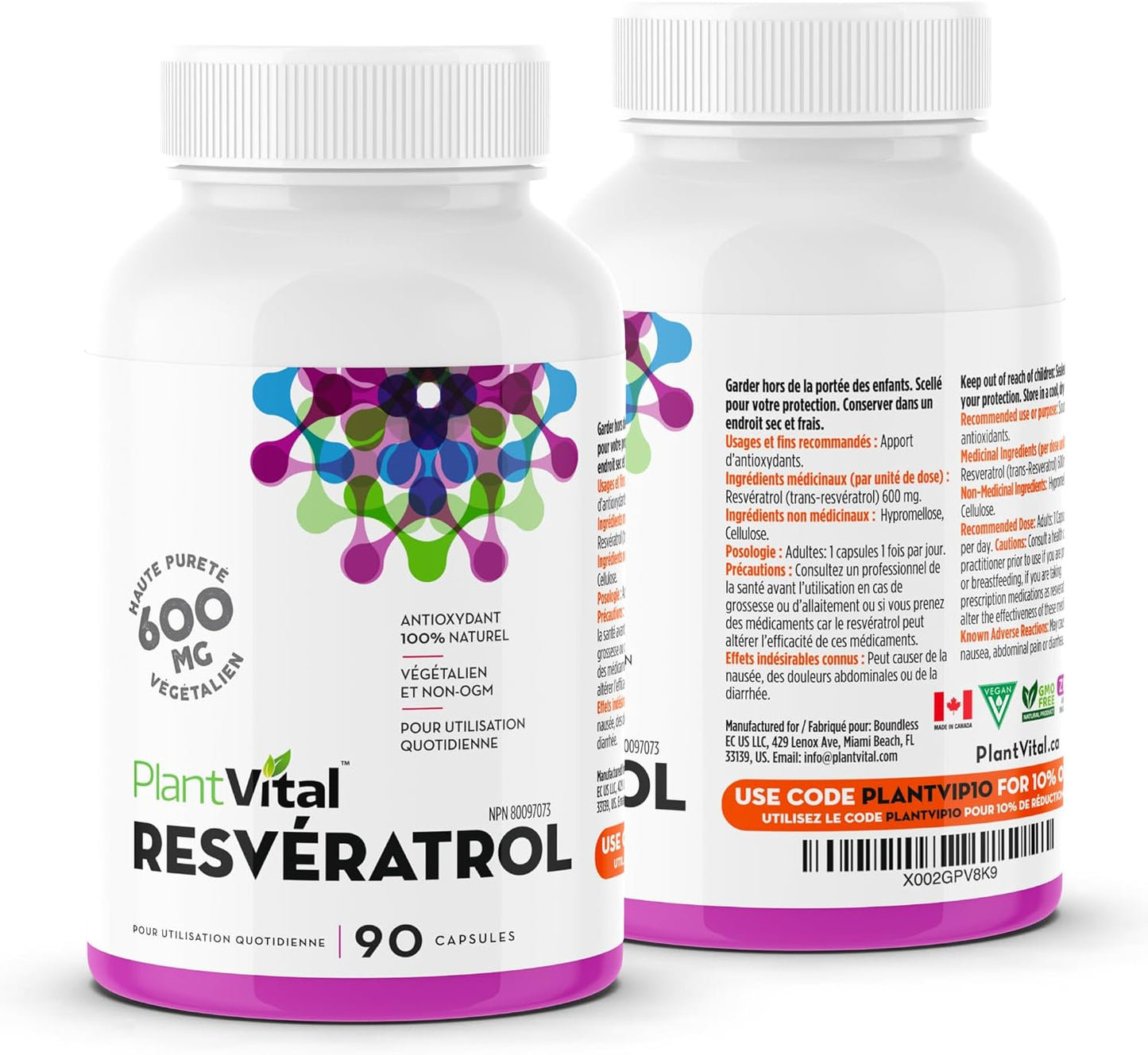 600mg Plantvital Resveratrol Capsules - 90 Vegan Trans Resveratrol Supplement - High Purity Antioxidant - Non-GMO, Gluten-Free