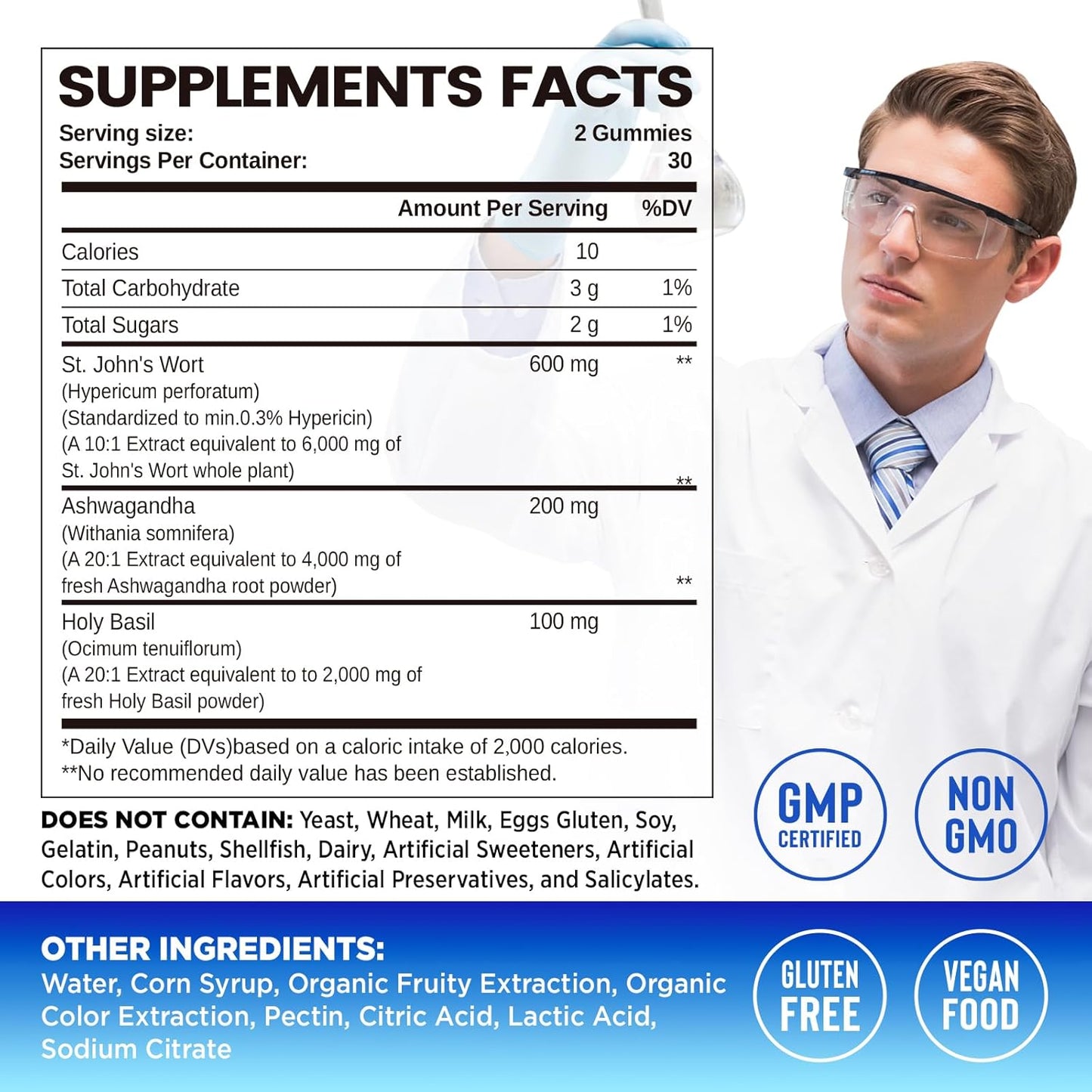 600mg St John's Wort Gummies with Ashwagandha & Holy Basil - Stress Relief & Nervous System Support - Organic Herbal Supplements for Adults & Kids - Non-GMO, Vegan - 120 ct.