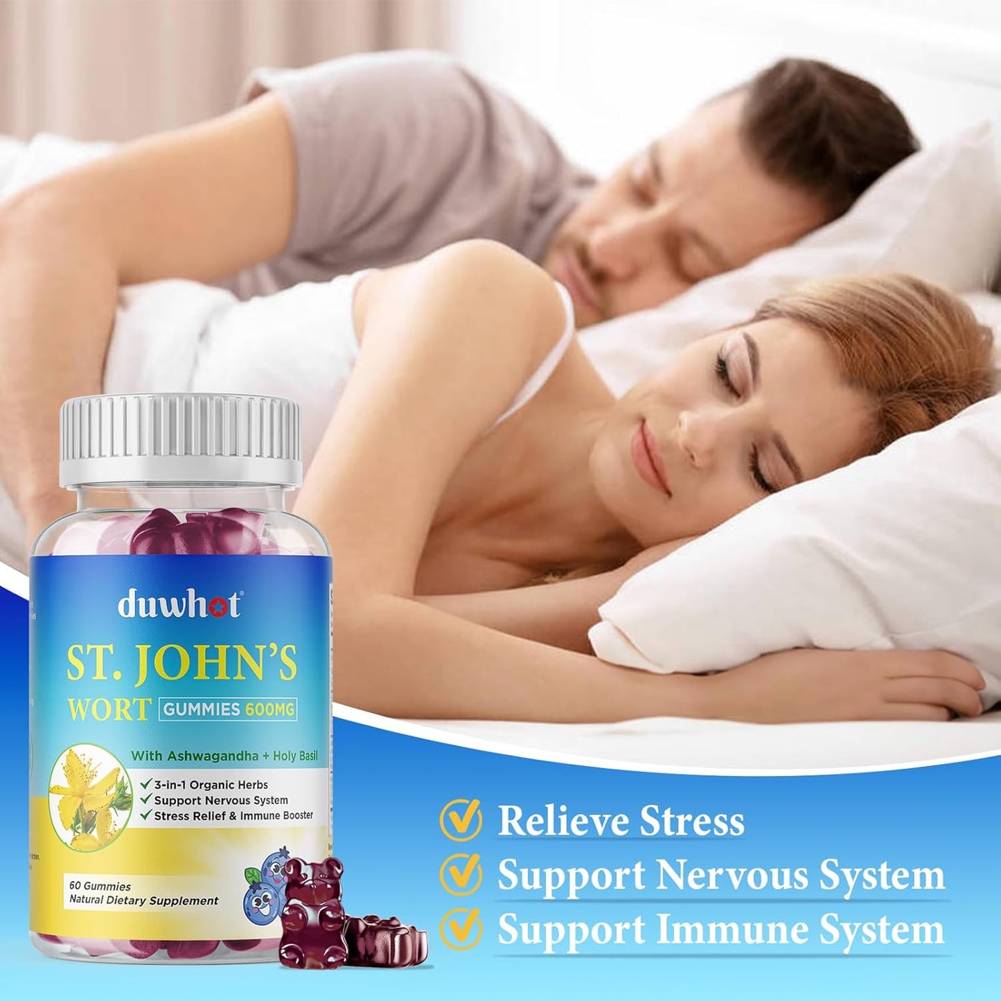 600mg St John's Wort Gummies with Ashwagandha & Holy Basil - Stress Relief & Nervous System Support - Organic Herbal Supplements for Adults & Kids - Non-GMO, Vegan - 120 ct.