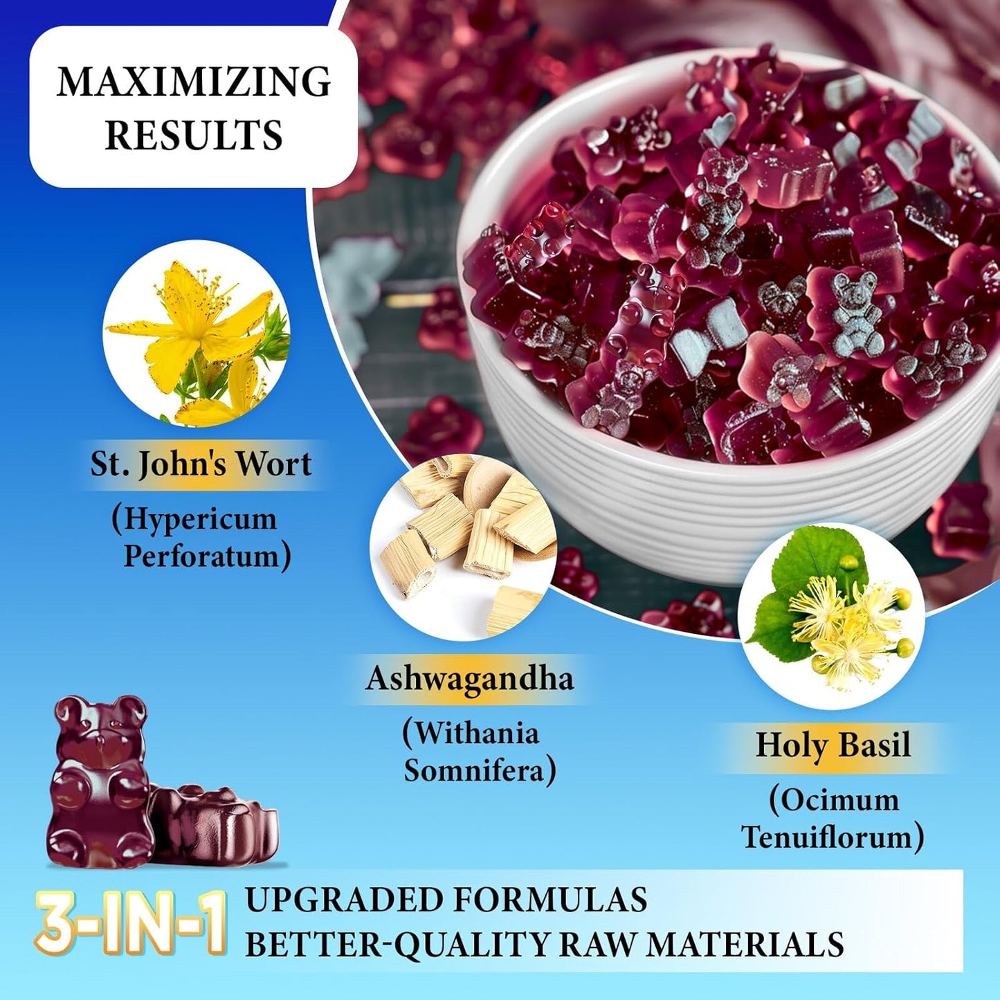 600mg St John's Wort Gummies with Ashwagandha & Holy Basil - Stress Relief & Nervous System Support - Organic Herbal Supplements for Adults & Kids - Non-GMO, Vegan - 120 ct.