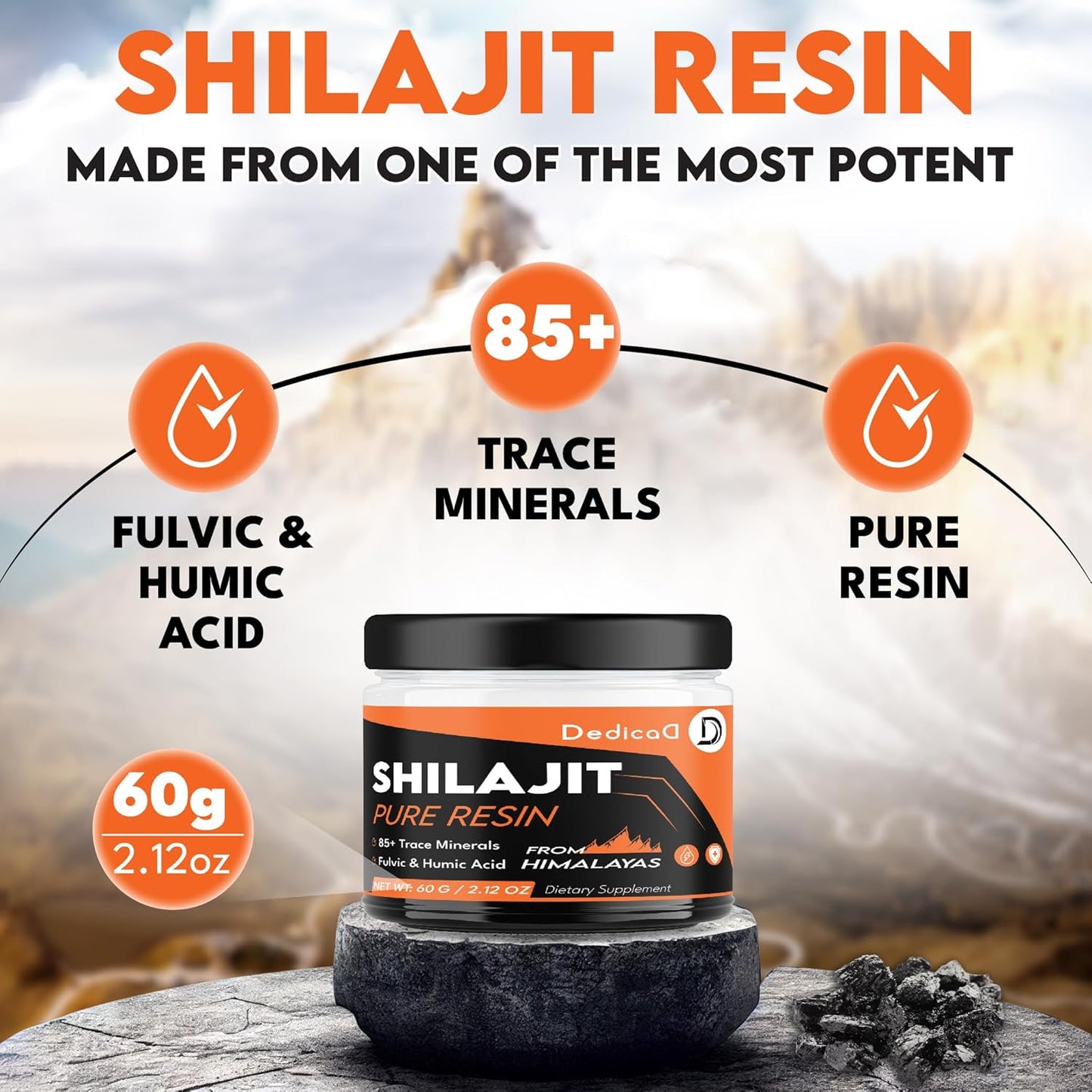 60g DEDICAD Shilajit Pure Organic Resin - 100 Servings, Fulvic Acid, 85+ Minerals - Body, Heart, Brain, Immune Support