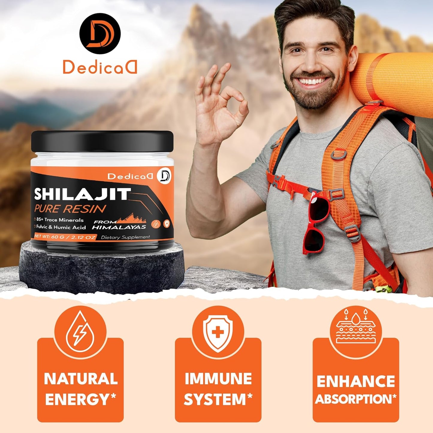 60g DEDICAD Shilajit Pure Organic Resin - 100 Servings, Fulvic Acid, 85+ Minerals - Body, Heart, Brain, Immune Support