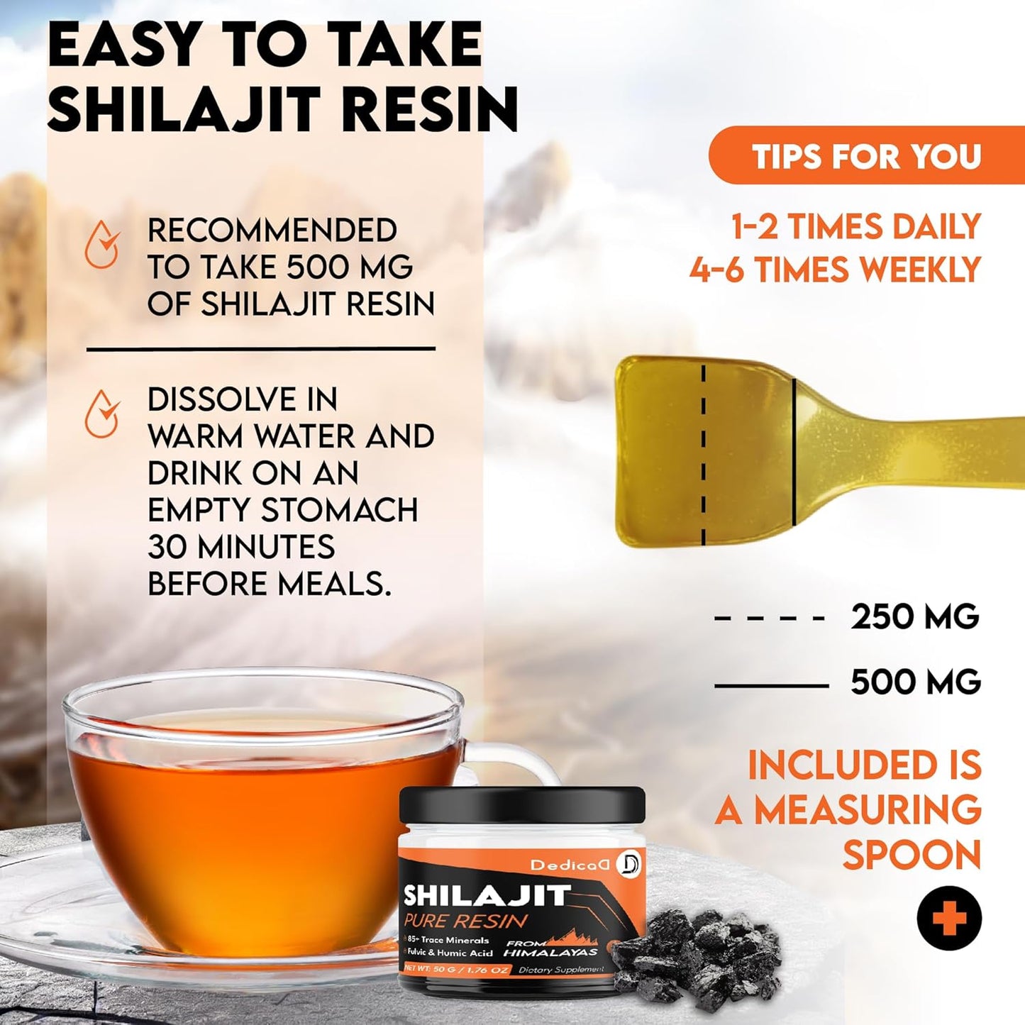 60g DEDICAD Shilajit Pure Organic Resin - 100 Servings, Fulvic Acid, 85+ Minerals - Body, Heart, Brain, Immune Support