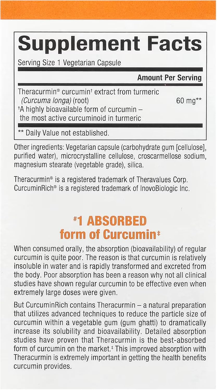 60mg Natural Factors CurcuminRich Double Strength Theracurmin Capsules - Superior Absorption, 60ct