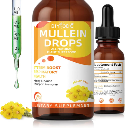 60ml BIYODE Mullein Drops: Natural Leaf Extract for Respiratory Health & Lung Cleanse - Vegan & Non-GMO - 30-Day Supply
