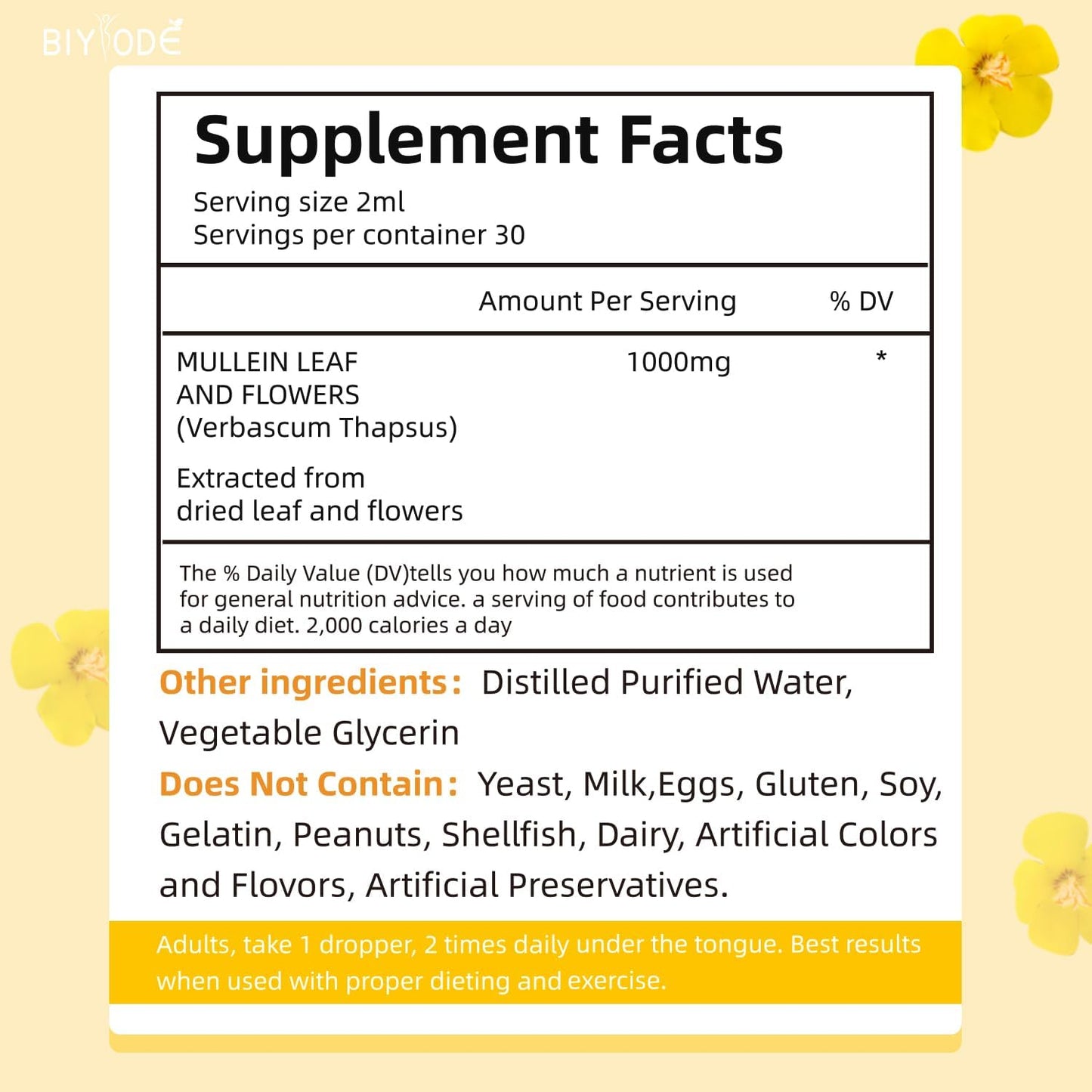 60ml BIYODE Mullein Drops: Natural Leaf Extract for Respiratory Health & Lung Cleanse - Vegan & Non-GMO - 30-Day Supply