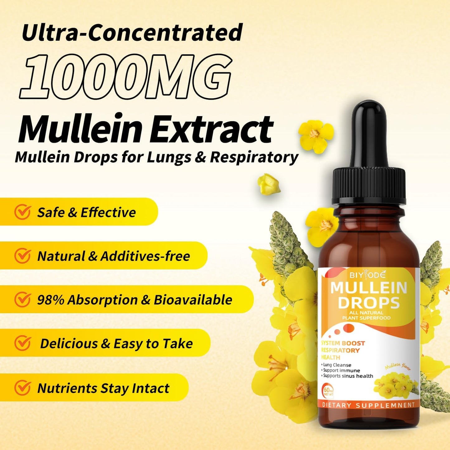60ml BIYODE Mullein Drops: Natural Leaf Extract for Respiratory Health & Lung Cleanse - Vegan & Non-GMO - 30-Day Supply