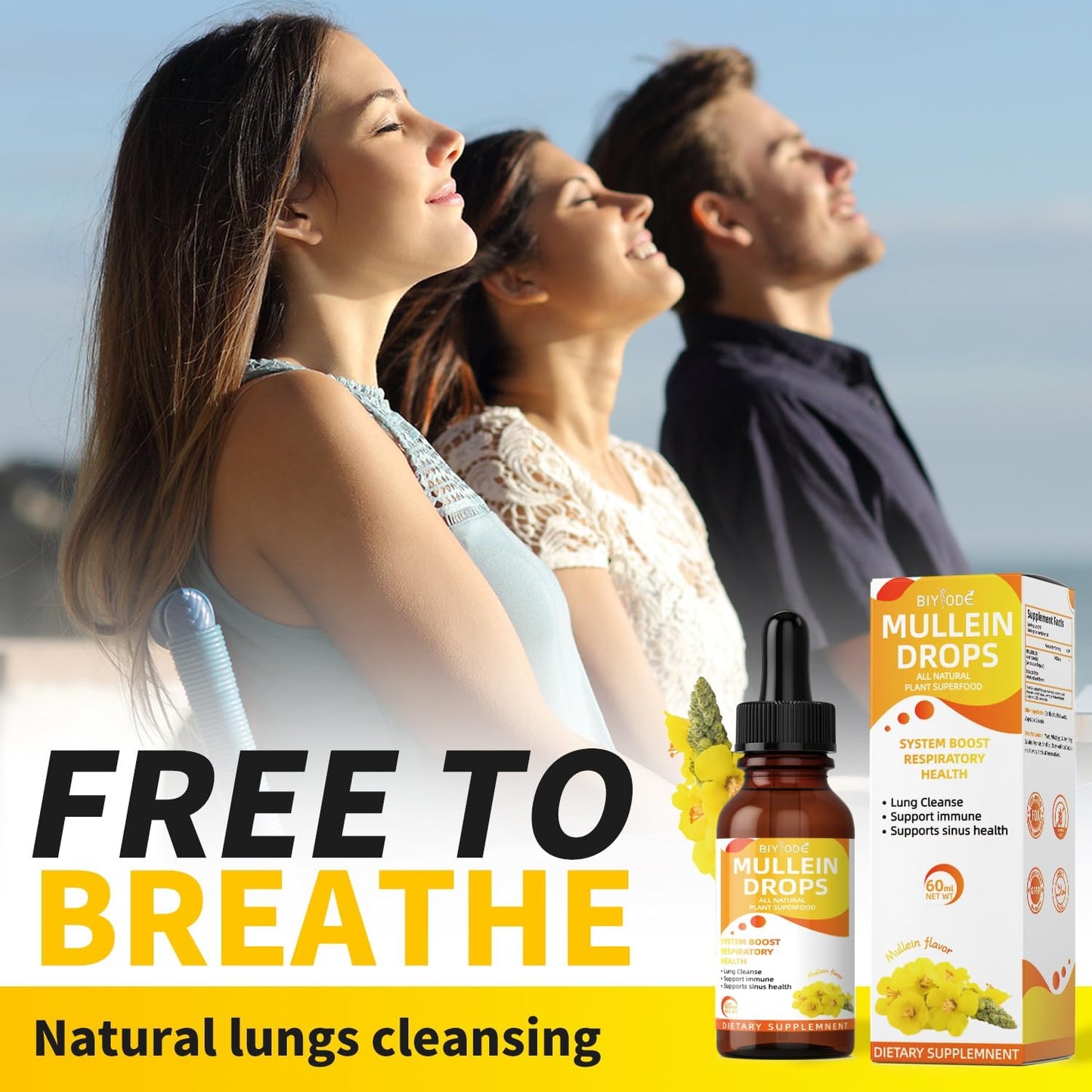 60ml BIYODE Mullein Drops: Natural Leaf Extract for Respiratory Health & Lung Cleanse - Vegan & Non-GMO - 30-Day Supply