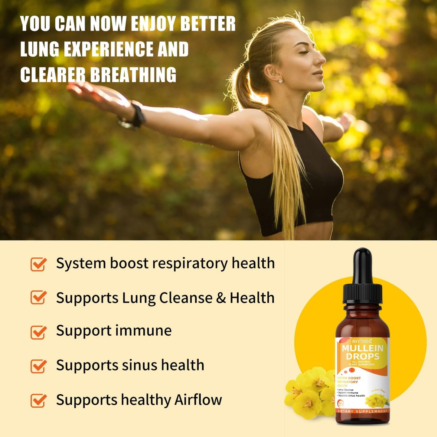 60ml BIYODE Mullein Drops: Natural Leaf Extract for Respiratory Health & Lung Cleanse - Vegan & Non-GMO - 30-Day Supply