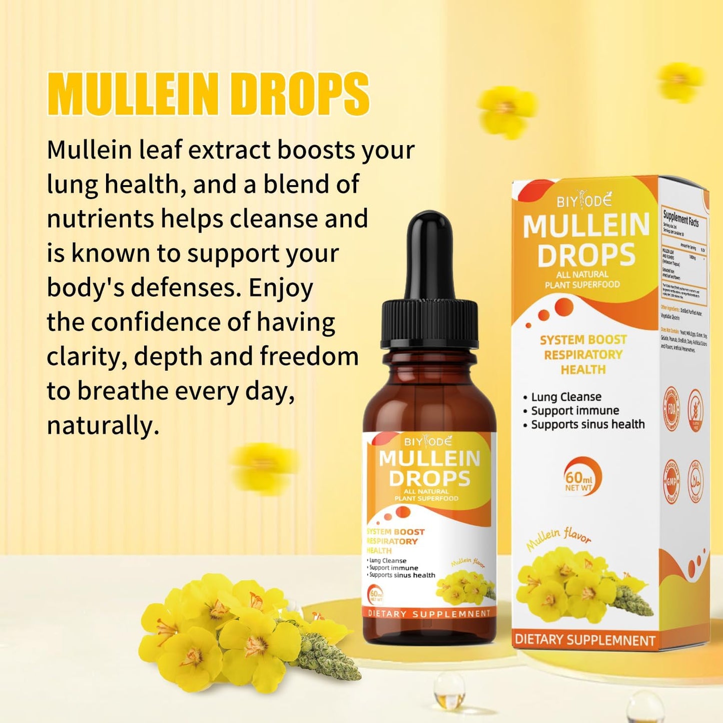 60ml BIYODE Mullein Drops: Natural Leaf Extract for Respiratory Health & Lung Cleanse - Vegan & Non-GMO - 30-Day Supply
