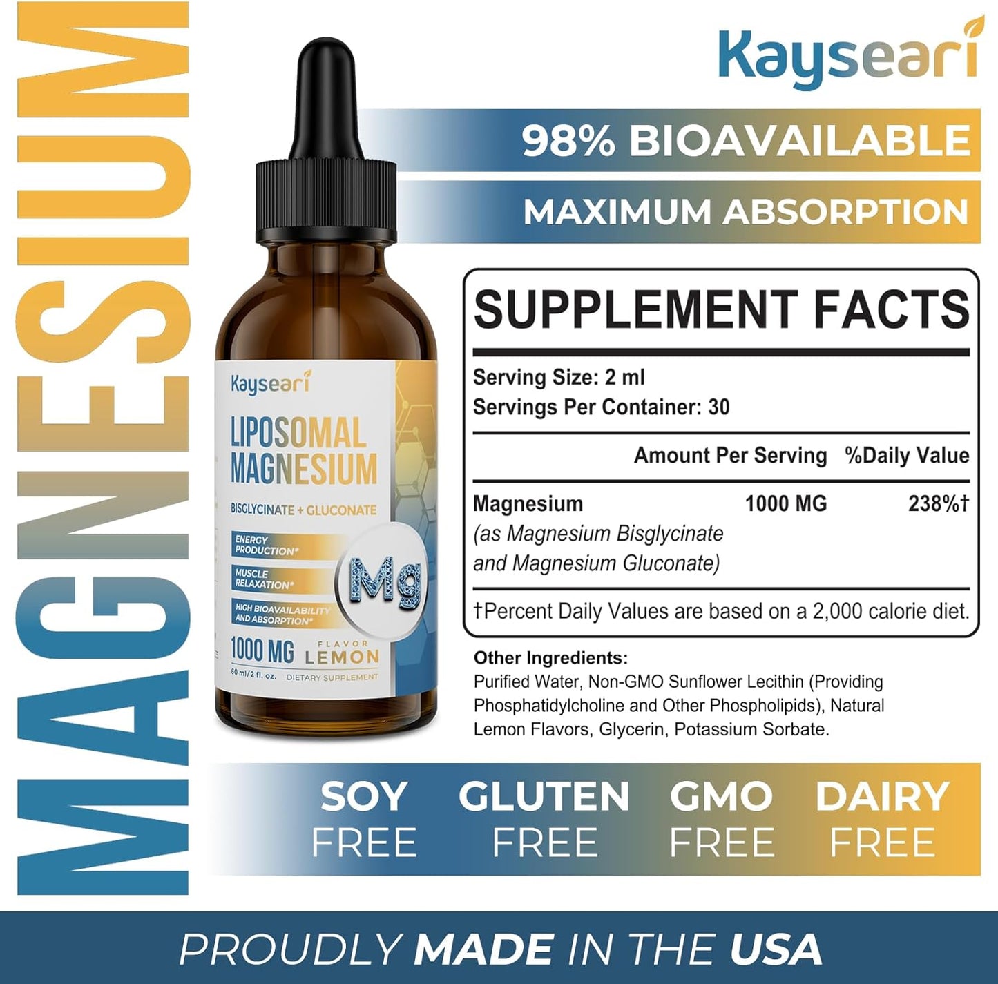 60ML High Strength Liposomal Magnesium Drops, Chelated Magnesium Bisglycinate & Gluconate, Lemon Flavored Liquid - Sleep, Stress, Mood, Gut Support