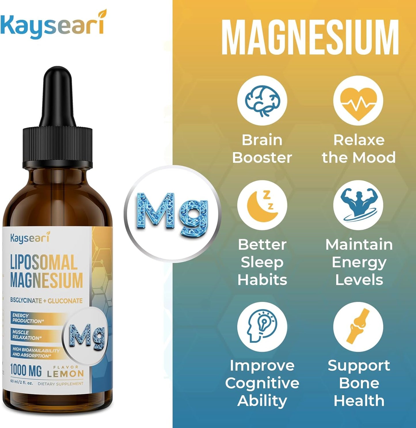 60ML High Strength Liposomal Magnesium Drops, Chelated Magnesium Bisglycinate & Gluconate, Lemon Flavored Liquid - Sleep, Stress, Mood, Gut Support