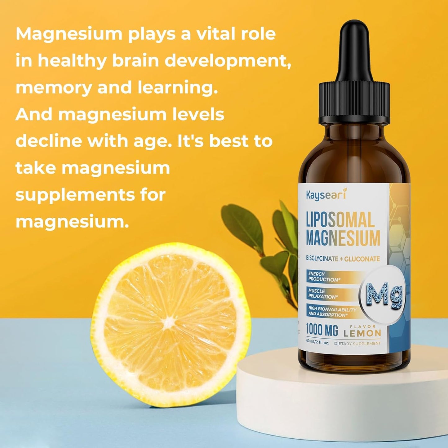 60ML High Strength Liposomal Magnesium Drops, Chelated Magnesium Bisglycinate & Gluconate, Lemon Flavored Liquid - Sleep, Stress, Mood, Gut Support