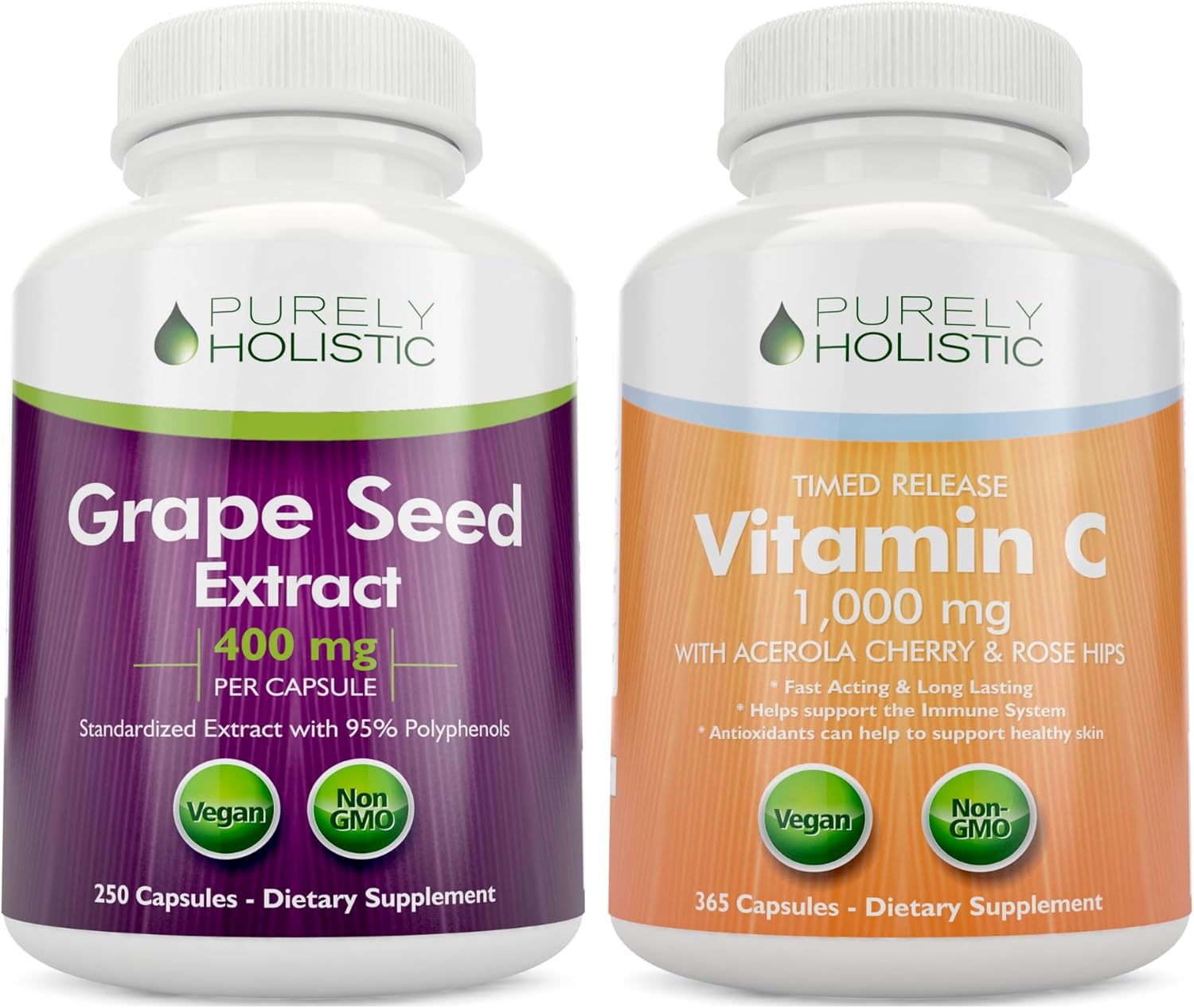 615 Vegan Capsules Bundle: Grape Seed Extract 400mg + Vitamin C 1000mg Time Release - Purely Holistic, Made in USA