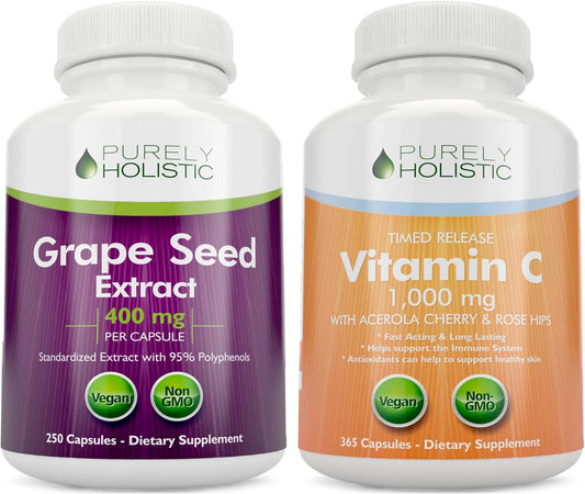 615 Vegan Capsules Bundle: Grape Seed Extract 400mg + Vitamin C 1000mg Time Release - Purely Holistic, Made in USA