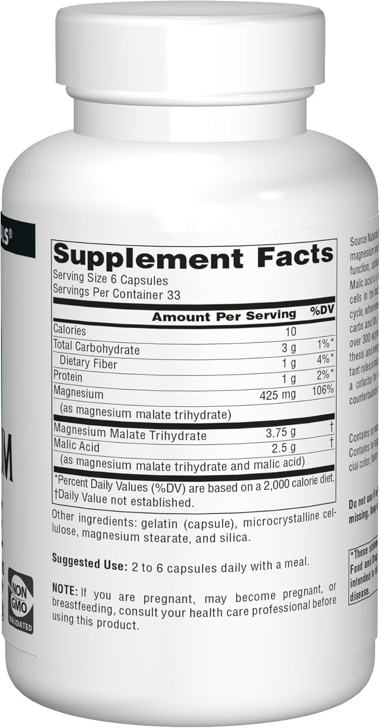 625mg Magnesium Malate Supplement for Enhanced Absorption - 200 Capsules by Source Naturals