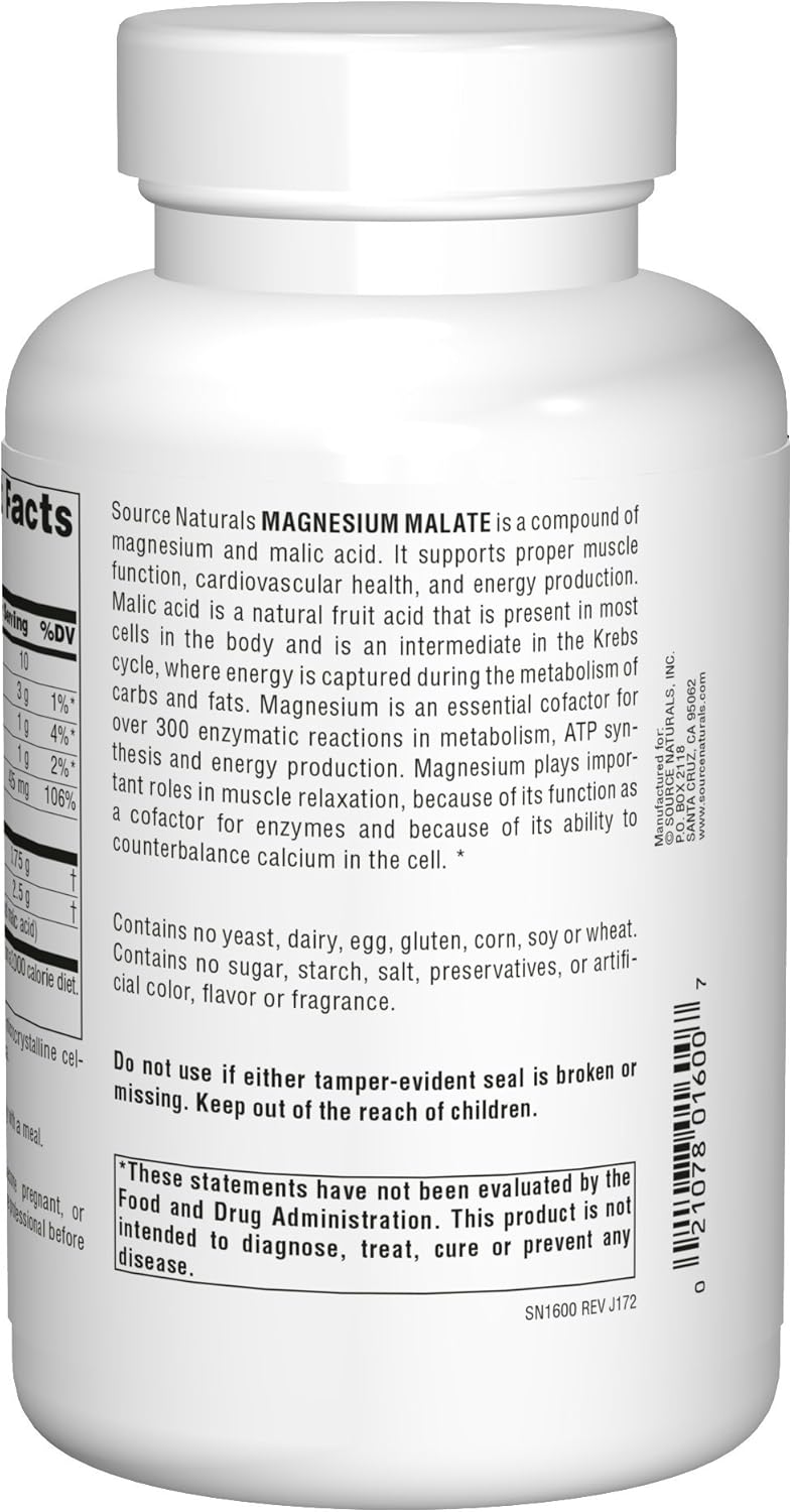 625mg Magnesium Malate Supplement for Enhanced Absorption - 200 Capsules by Source Naturals