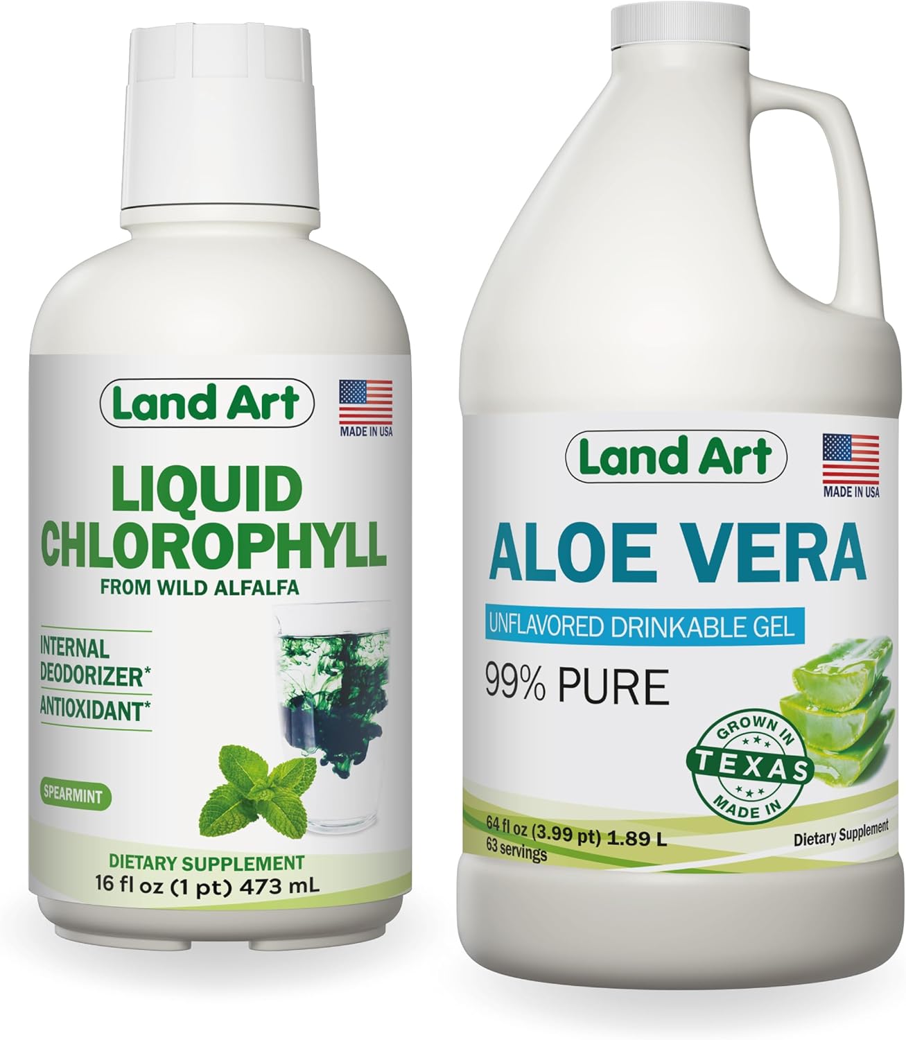 64 fl oz Land Art Pure Aloe Vera Drinkable Gel + 16 fl oz Liquid Chlorophyll Mint Flavored