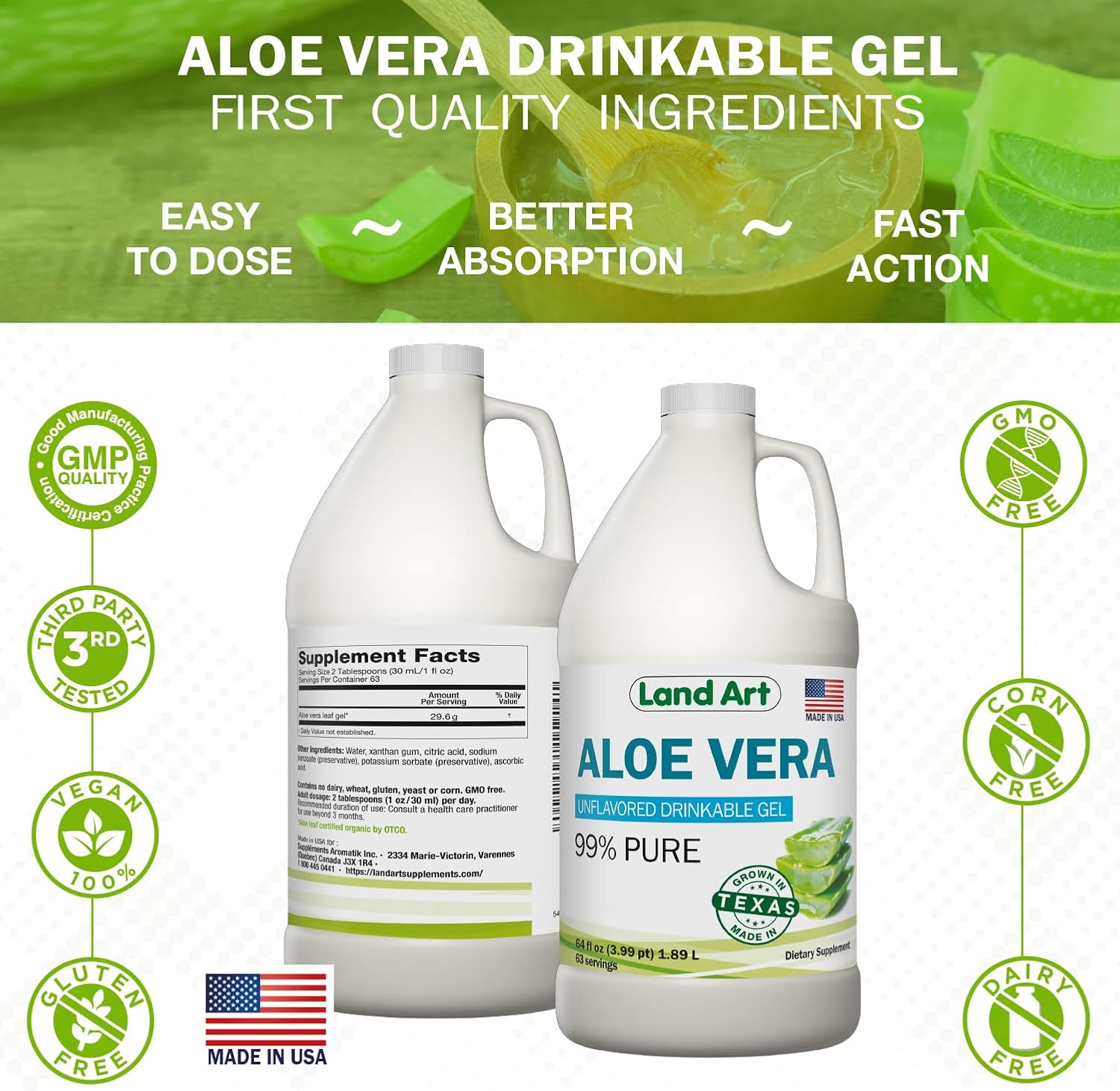 64 fl oz Land Art Pure Aloe Vera Drinkable Gel + 16 fl oz Liquid Chlorophyll Mint Flavored