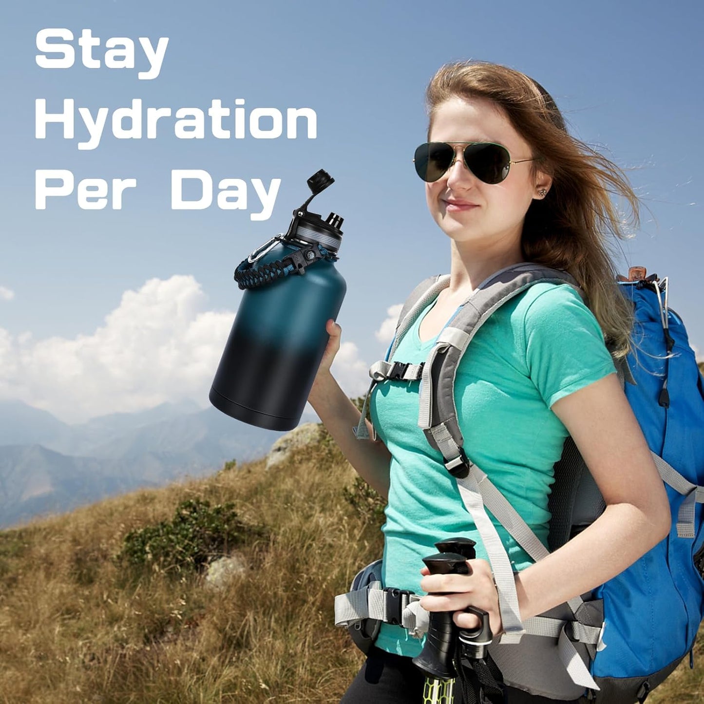 64 oz Insulated Water Bottle - Half Gallon Jug Keeps Water Cold for 48 Hours - BPA Free Stainless Steel with Straw/Chug Lid - Includes Bag, Paracord Handle, Silicone Boot - Great for Sports, Gym, School