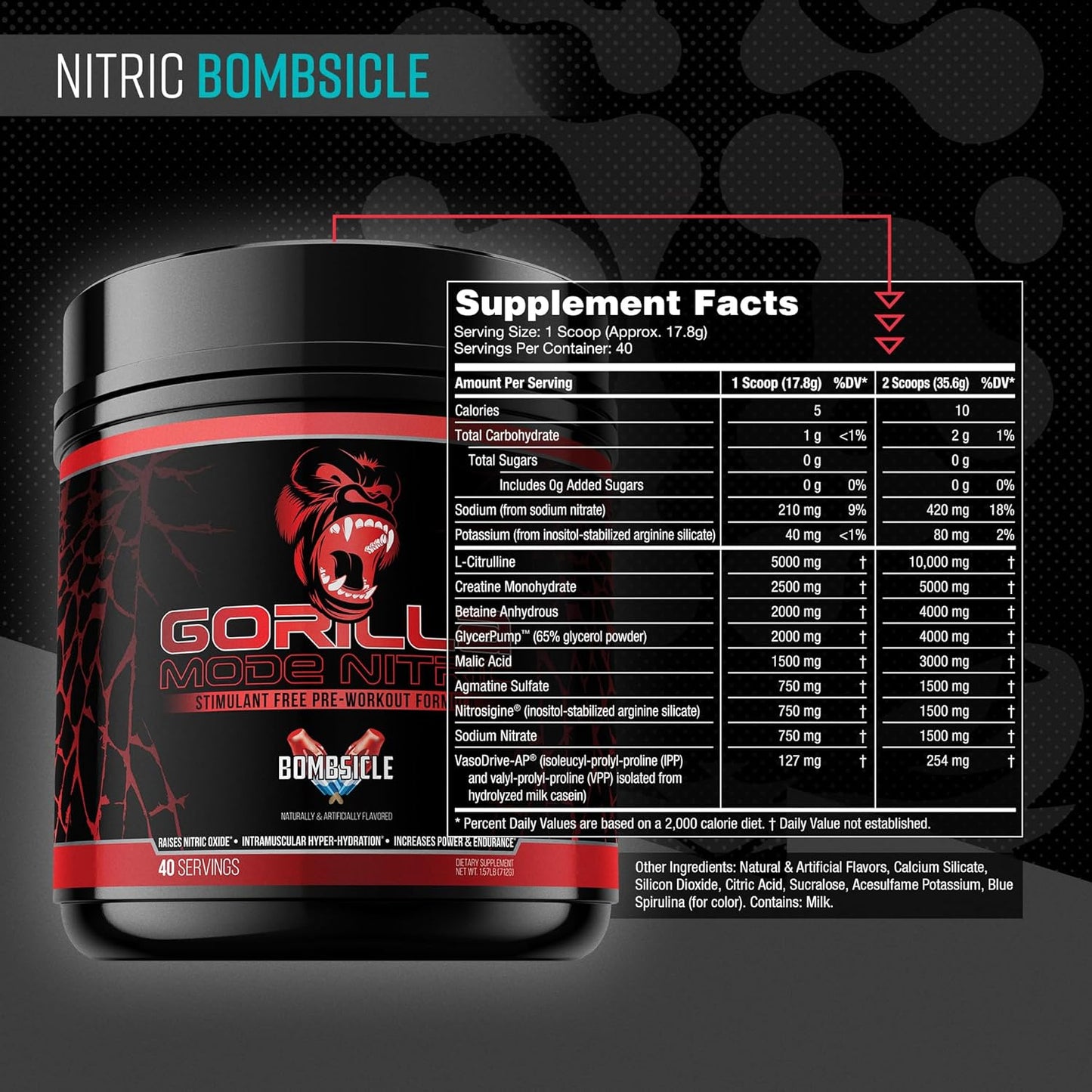 646g Gorilla Mind Nitric 1.0 Pre-Workout for Massive Pumps - Stimulant Free, Best Tasting, Most Effective, Vasodilation Power (Bombsicle)