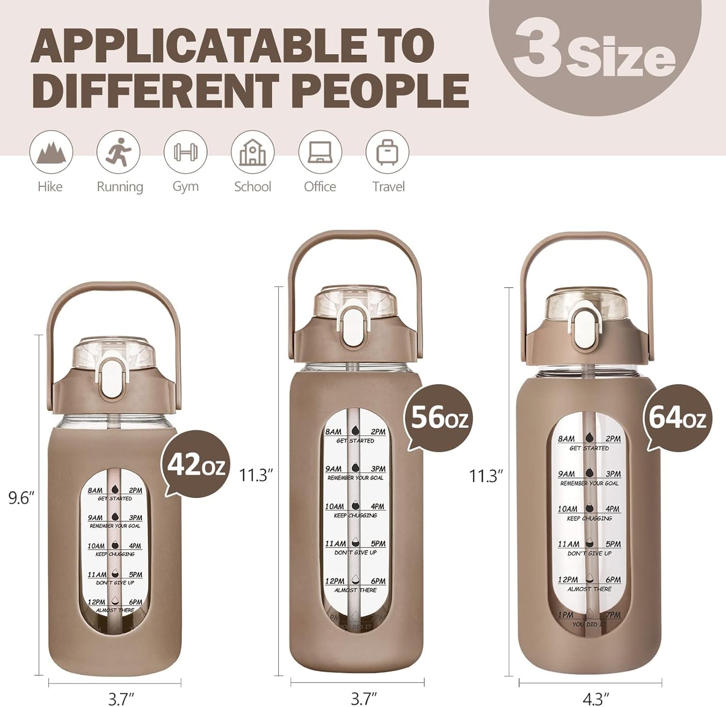 64oz Glass Water Bottle with Straw, Half Gallon Motivational Bottle, Silicone Sleeve, Time Marker, 2L Leakproof Glass Jug, Amber Color, for Gym Home Office