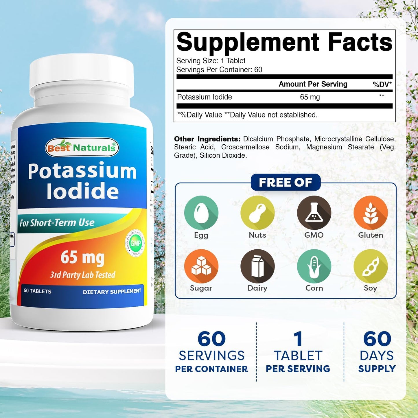 65 mg Potassium Iodide Dietary Supplement - 60 Tablets, Best Naturals (Pack of 1)