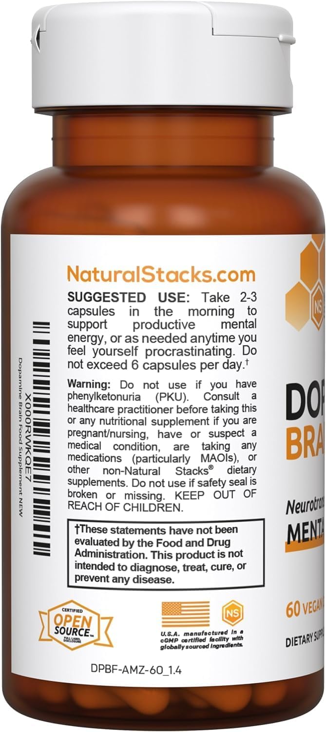 650mg L-Tyrosine Supplement for Mental Energy & Focus - Dopamine Brain Food with B Vitamins - 120 Capsules