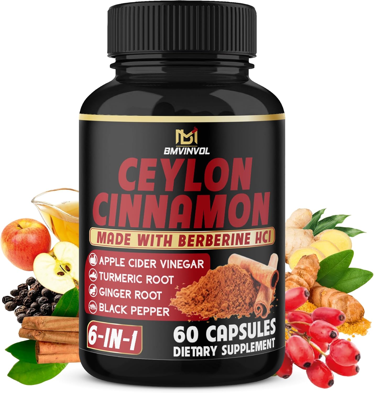 6in1 BMVINVOL Ceylon Cinnamon Capsules with Berberine HCl, Apple Cider Vinegar, Turmeric, Ginseng, Black Pepper - 60 Count for Immune Support
