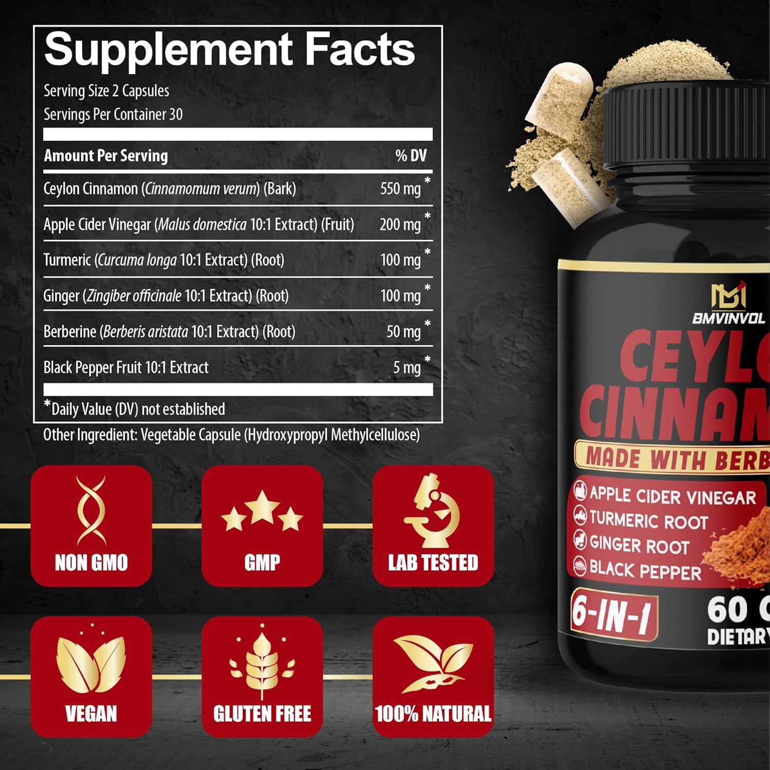 6in1 BMVINVOL Ceylon Cinnamon Capsules with Berberine HCl, Apple Cider Vinegar, Turmeric, Ginseng, Black Pepper - 60 Count for Immune Support