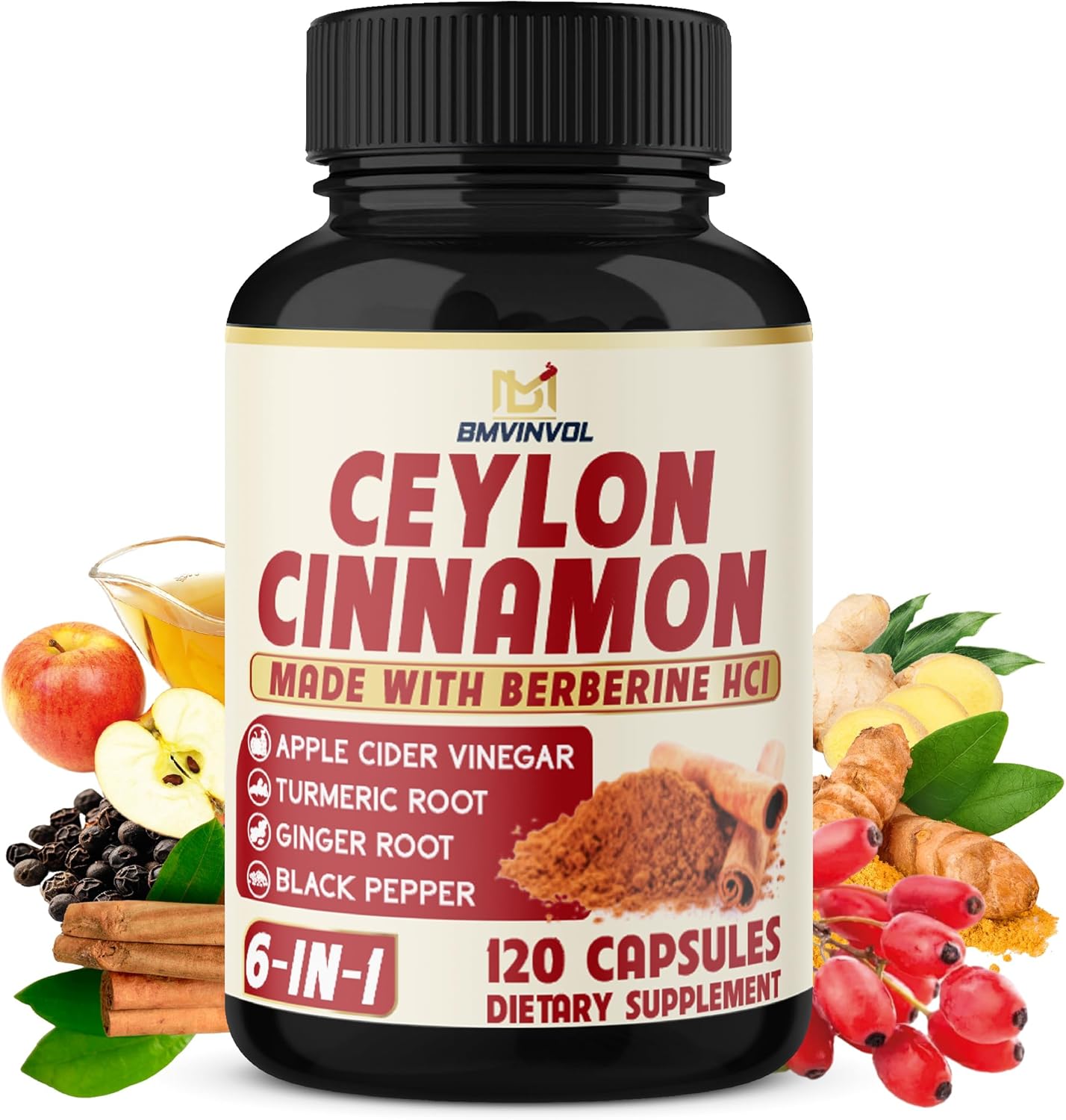 6in1 Ceylon Cinnamon Capsules with Berberine HCl, Apple Cider Vinegar, Turmeric, Ginseng, Black Pepper - 120 Count for Immune Support