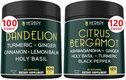 6in1 Dandelion and Citrus Bergamot Supplement Bundle for Relaxation, Heart, Digestion, and Immune Support