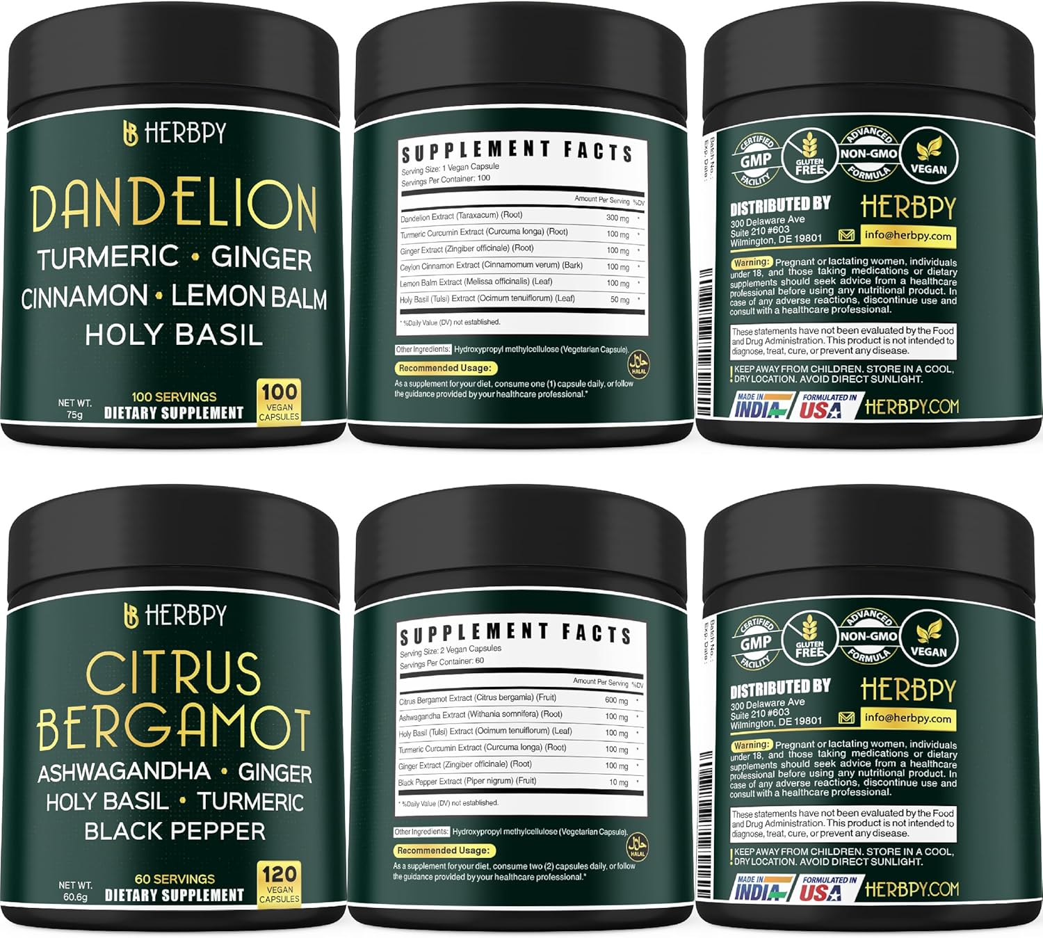 6in1 Dandelion and Citrus Bergamot Supplement Bundle for Relaxation, Heart, Digestion, and Immune Support