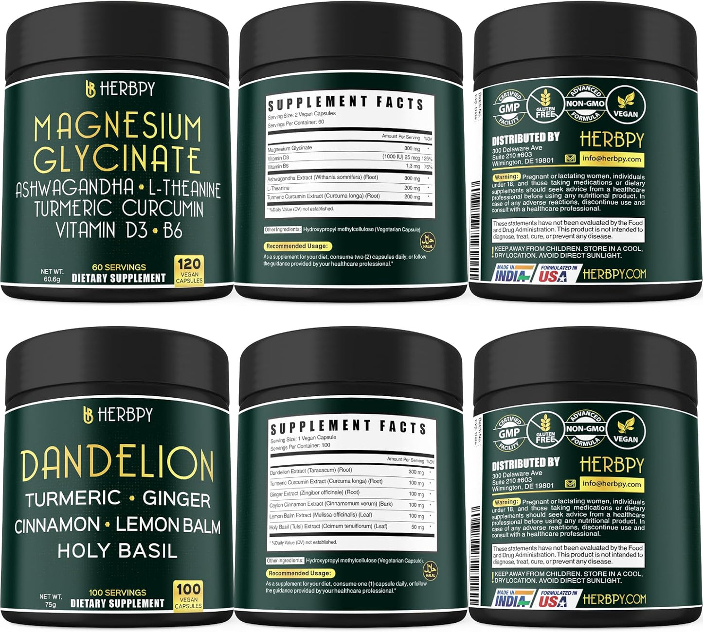 6in1 Herbpy Bundle: Magnesium Glycinate and Dandelion Supplements for Restful Day & Night, Relaxation, Immune, Heart, and Digestion Support