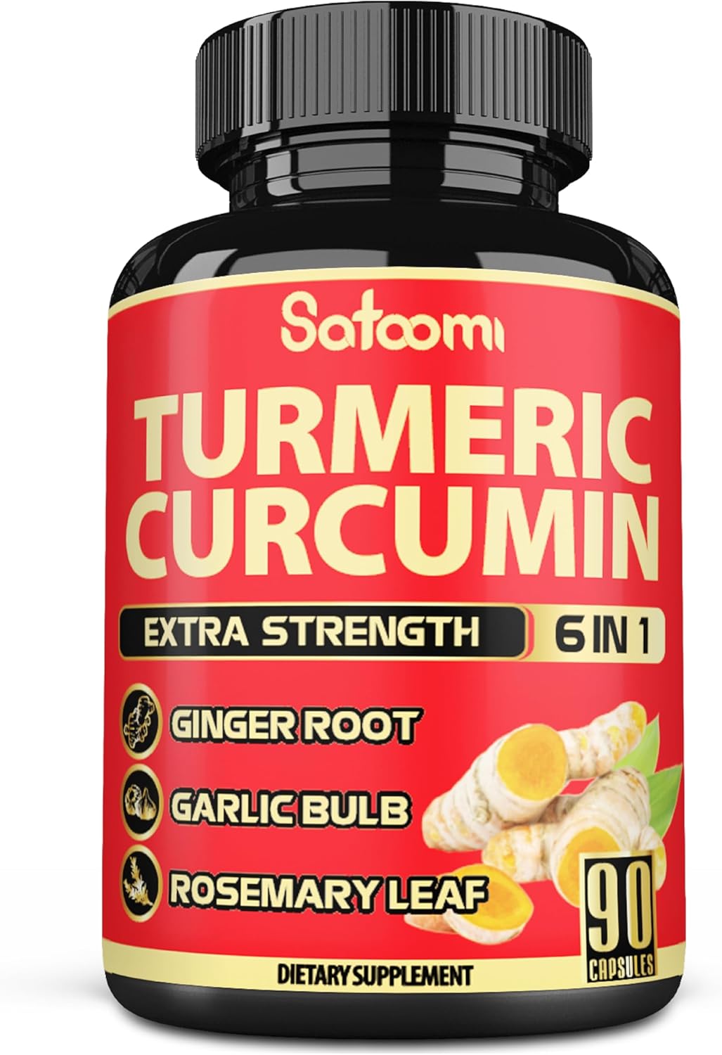 6in1 Turmeric Curcumin Supplement with Ginger, Garlic, Rosemary, and Black Pepper - 90 Capsules - 3 Month Supply - 95% Curcuminoids
