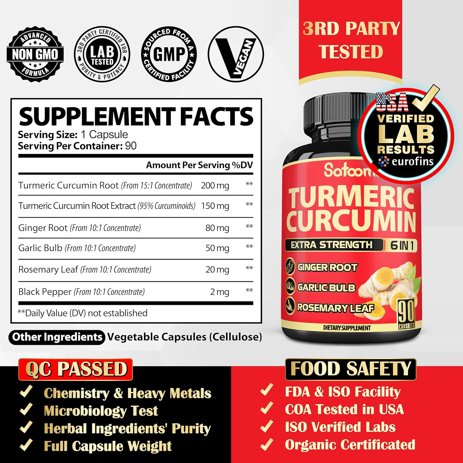 6in1 Turmeric Curcumin Supplement with Ginger, Garlic, Rosemary, and Black Pepper - 90 Capsules - 3 Month Supply - 95% Curcuminoids