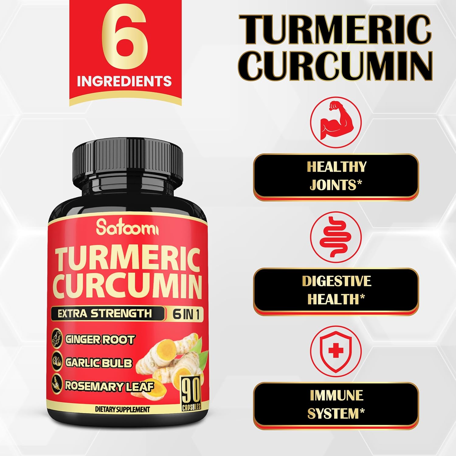6in1 Turmeric Curcumin Supplement with Ginger, Garlic, Rosemary, and Black Pepper - 90 Capsules - 3 Month Supply - 95% Curcuminoids