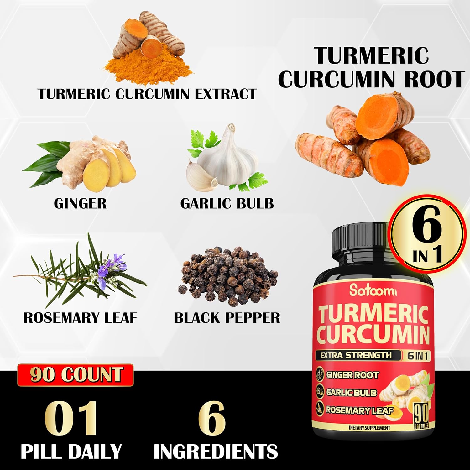 6in1 Turmeric Curcumin Supplement with Ginger, Garlic, Rosemary, and Black Pepper - 90 Capsules - 3 Month Supply - 95% Curcuminoids