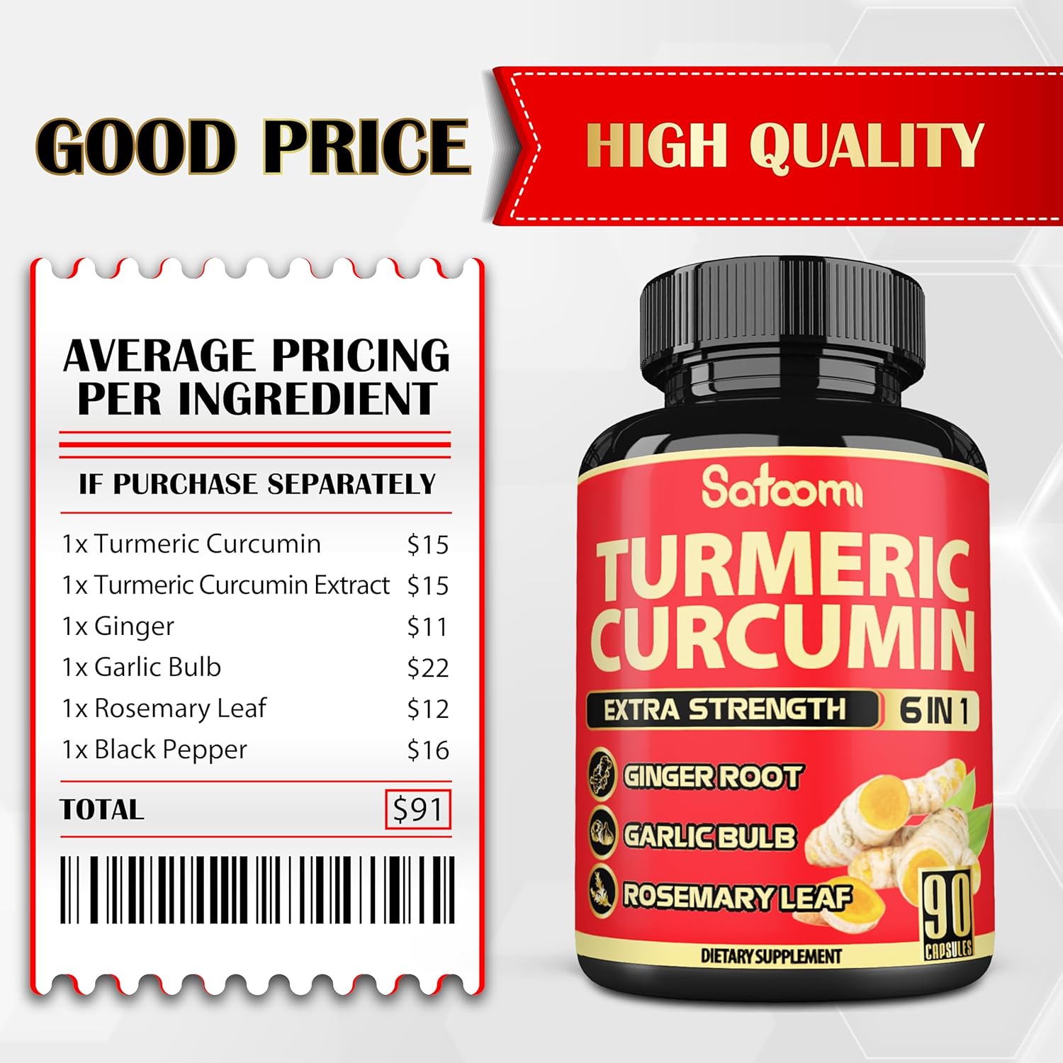 6in1 Turmeric Curcumin Supplement with Ginger, Garlic, Rosemary, and Black Pepper - 90 Capsules - 3 Month Supply - 95% Curcuminoids