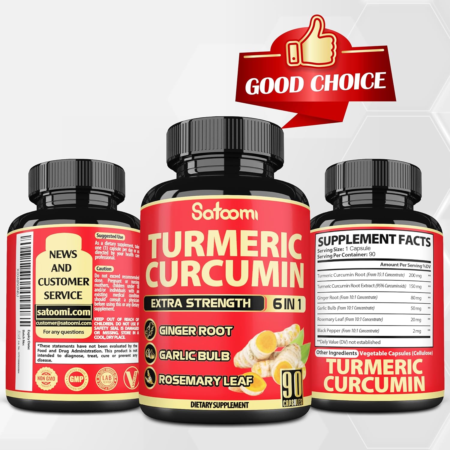 6in1 Turmeric Curcumin Supplement with Ginger, Garlic, Rosemary, and Black Pepper - 90 Capsules - 3 Month Supply - 95% Curcuminoids