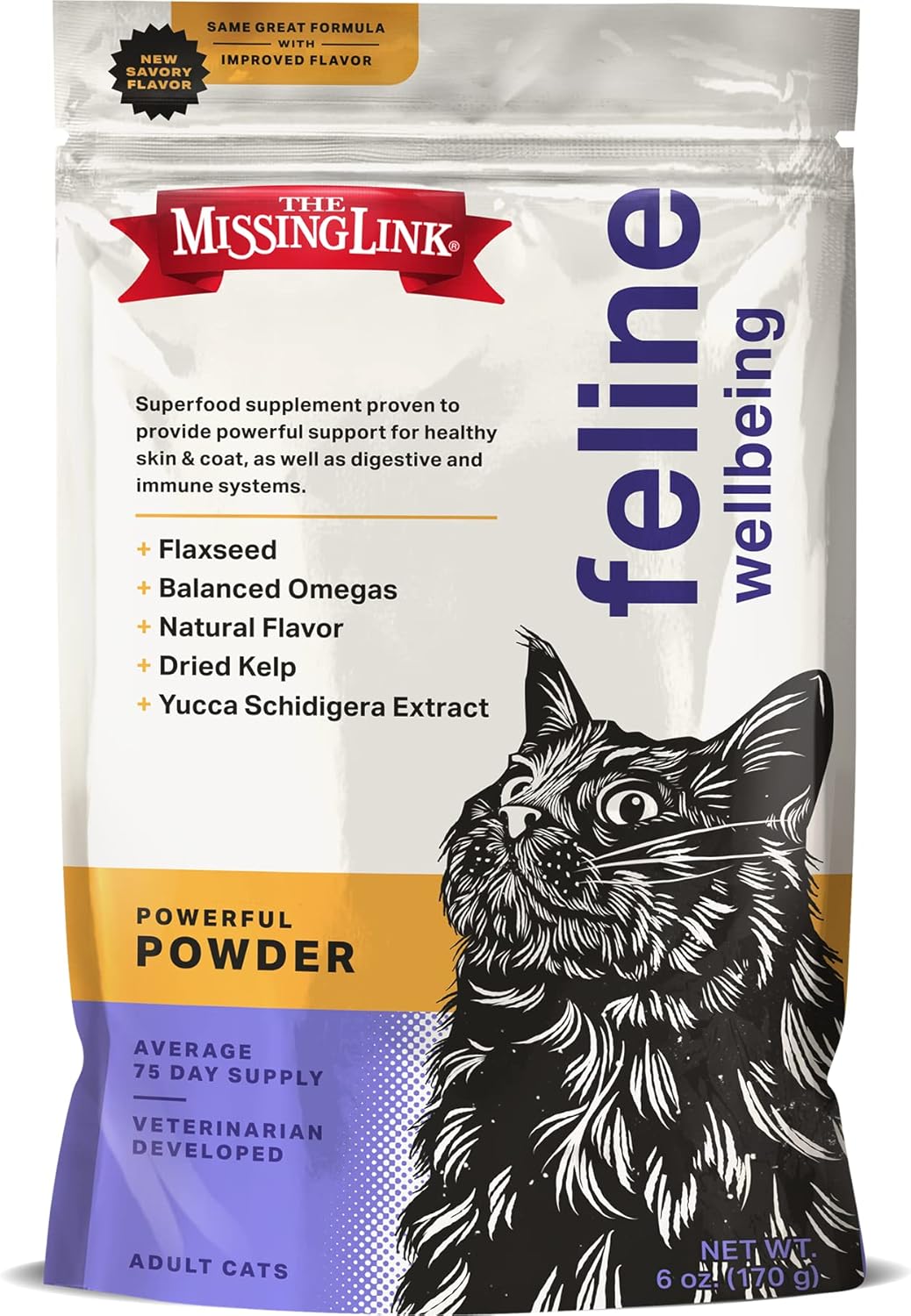 6oz Bag of Veterinarian Formulated Feline Superfood Supplement Powder - Boost Skin & Coat Health, Digestion, Immunity - Omega 3 & 6 Balances