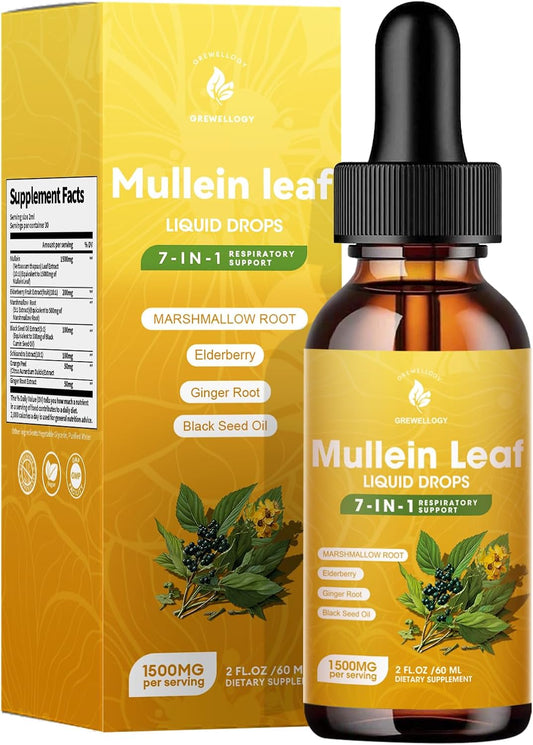 7-in-1 1500mg Mullein Leaf Liquid Extract Drops for Lung Cleanse and Respiratory Support, 2 Fl Oz - Smokers Lung Detox Formula