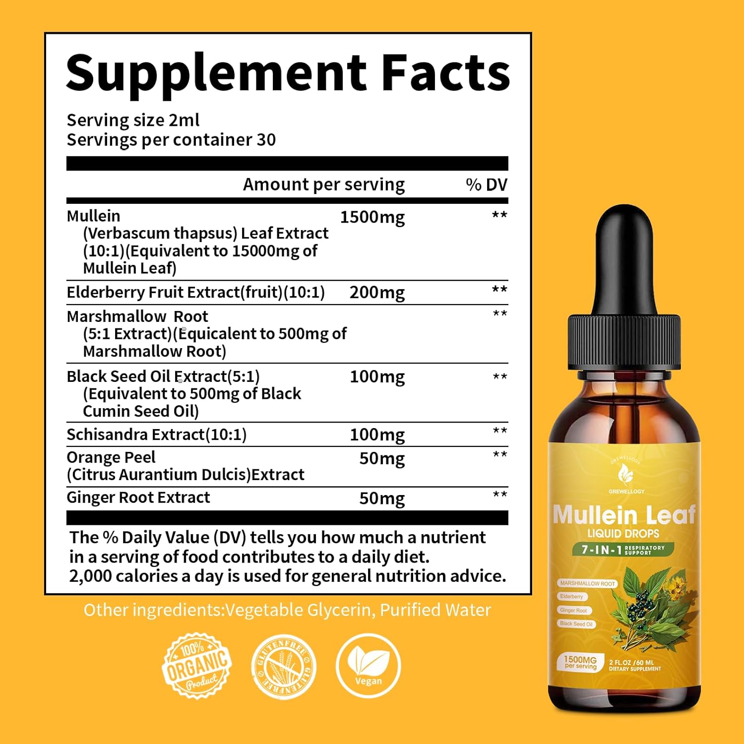 7-in-1 1500mg Mullein Leaf Liquid Extract Drops for Lung Cleanse and Respiratory Support, 2 Fl Oz - Smokers Lung Detox Formula