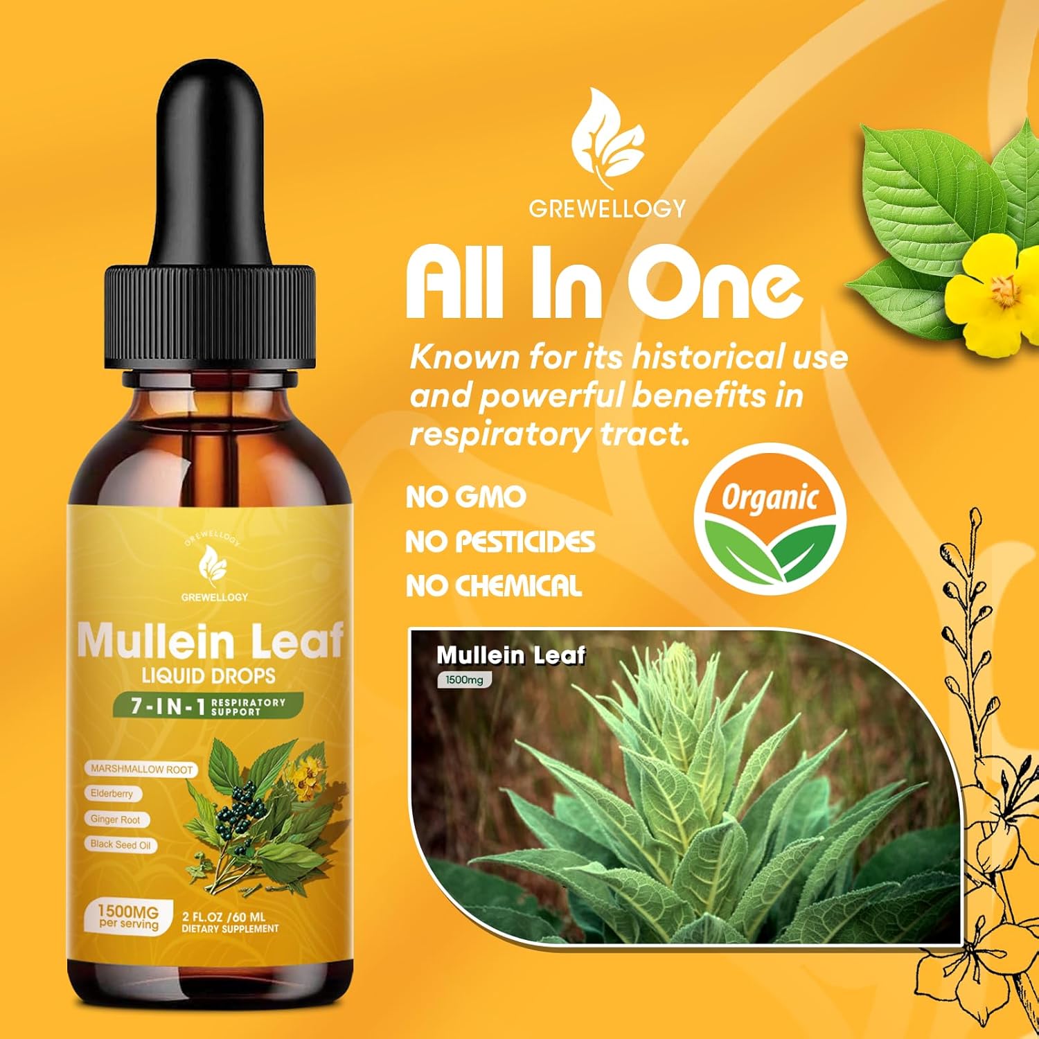7-in-1 1500mg Mullein Leaf Liquid Extract Drops for Lung Cleanse and Respiratory Support, 2 Fl Oz - Smokers Lung Detox Formula