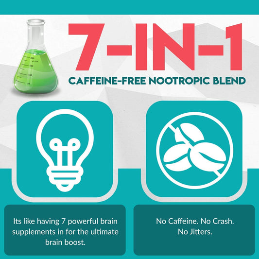 7-in-1 All-Natural Caffeine Free Nootropic Supplement for Brain, Focus, and Memory - 60 Capsules