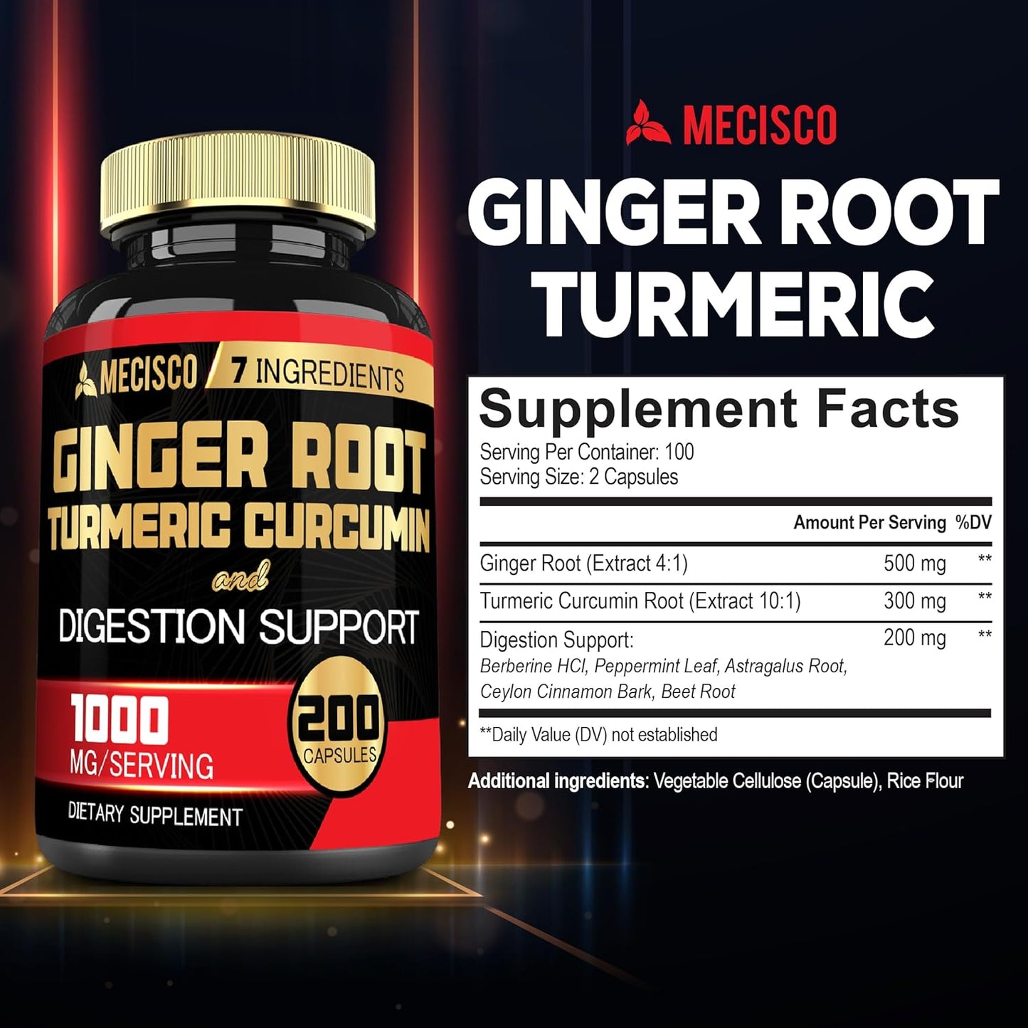 7-in-1 Ginger Root Supplement with Turmeric, Berberine, Peppermint, Astragalus, Ceylon Cinnamon, Beet Root - 200 Capsules