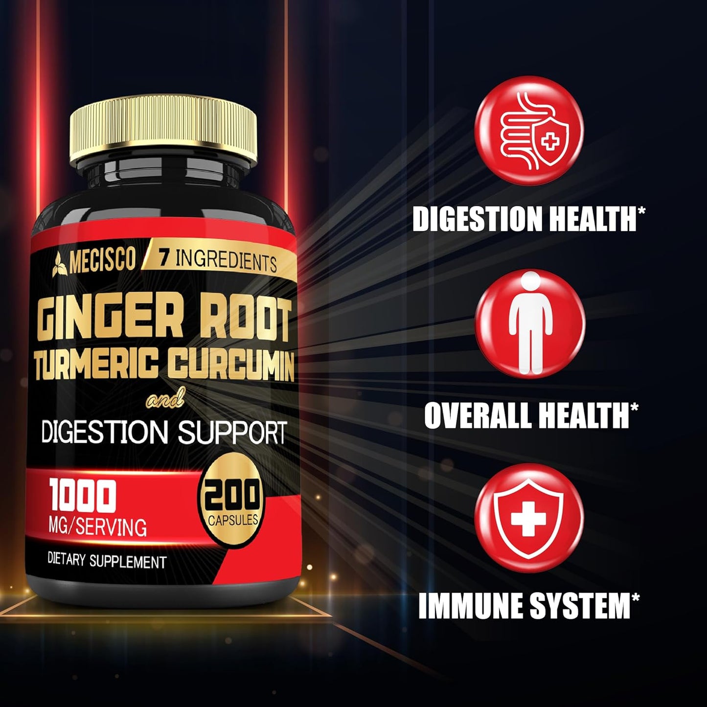 7-in-1 Ginger Root Supplement with Turmeric, Berberine, Peppermint, Astragalus, Ceylon Cinnamon, Beet Root - 200 Capsules