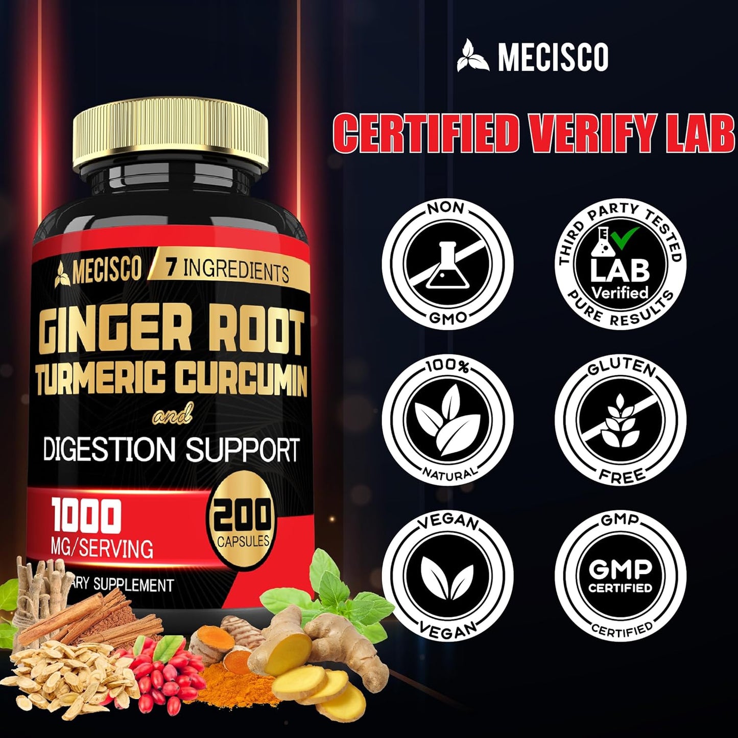 7-in-1 Ginger Root Supplement with Turmeric, Berberine, Peppermint, Astragalus, Ceylon Cinnamon, Beet Root - 200 Capsules