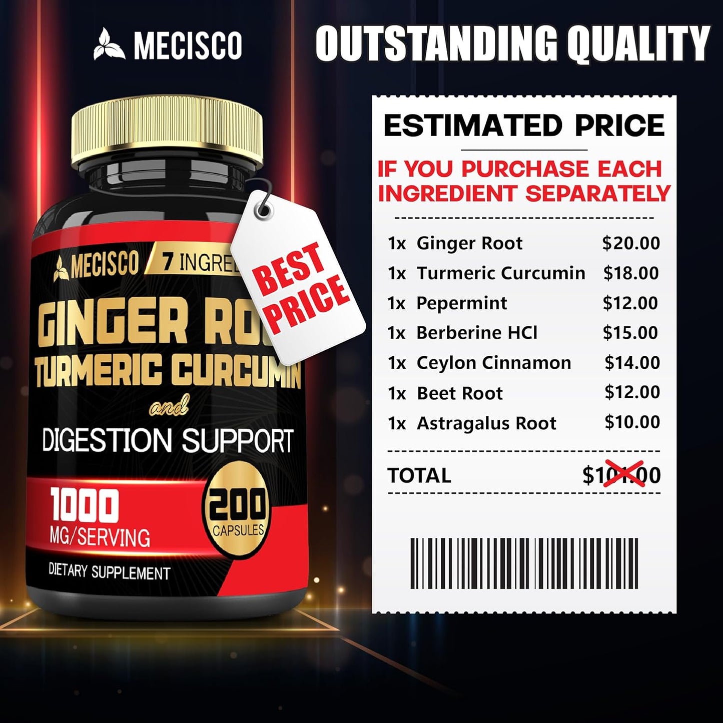 7-in-1 Ginger Root Supplement with Turmeric, Berberine, Peppermint, Astragalus, Ceylon Cinnamon, Beet Root - 200 Capsules