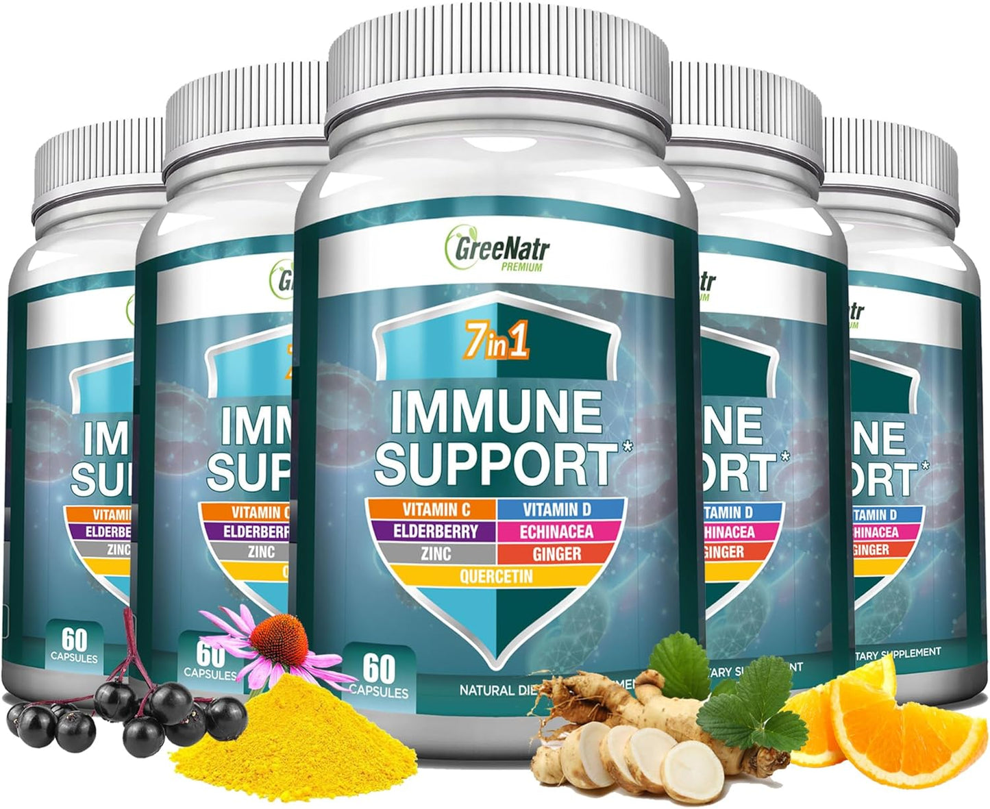 7-in-1 Immune Support Supplement with Vitamin C, D3, Zinc, Quercetin, Echinacea, Elderberry, and Ginger - 60 Capsules x 6